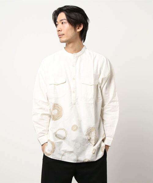 チャイハネ（チャイハネ）の「【チャイハネ】手描き風ドット柄MEN'Sバンドカラーシャツ（シャツ/ブラウス・メンズ・グレー/ブラック/ホワイト・FREE）」の14枚目の写真