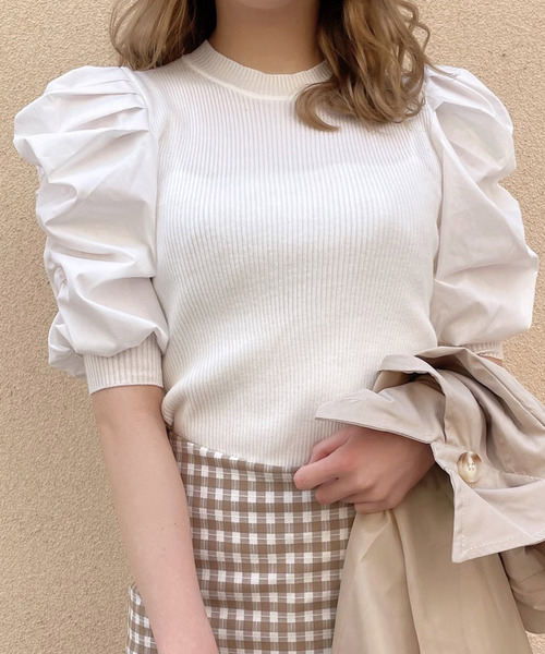 Crea titty&Co. PETIT（クレアティティーアンドコープチ）の「【Crea titty&Co.PETIT】Crea パワショル切替えトップス（ニット/セーター・レディース・オフホワイト/ブラック・FREE）」の9枚目の写真