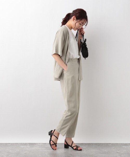 GLOBAL WORK（グローバルワーク）の「リネンコンノーカラー半袖ジャケット【MATINEE LINE】/948017（ノーカラージャケット・レディース・アイボリー/グリーン系その他/ブラック・MEDIUM/LARGE）」の6枚目の写真