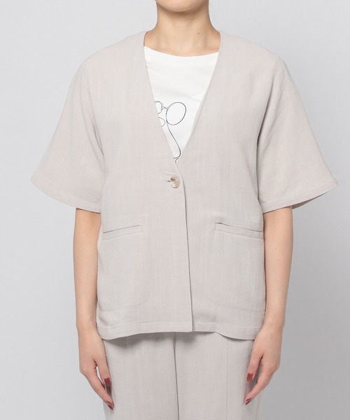 GLOBAL WORK（グローバルワーク）の「リネンコンノーカラー半袖ジャケット【MATINEE LINE】/948017（ノーカラージャケット・レディース・アイボリー/グリーン系その他/ブラック・MEDIUM/LARGE）」の7枚目の写真