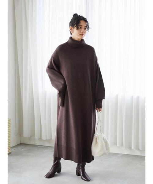 セール】ネックスリットタートルニットワンピース（ワンピース
