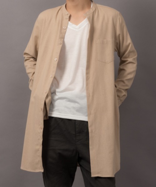 MGV(エムジーヴィー)の「ロング丈綿麻バンドカラーシャツ(シャツ/ブラウス・メンズ・ベージュ/ネイビー/カーキ/マスタード/ワイン/グレー/ブラック/オフホワイト・MEDIUM/LARGE/SMALL)」の1枚目の写真