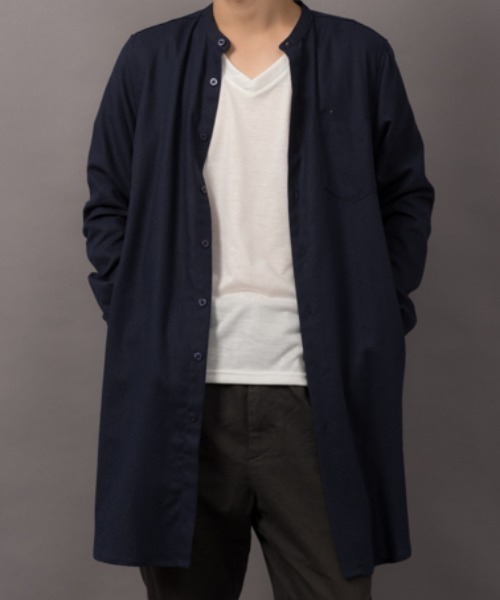 MGV(エムジーヴィー)の「ロング丈綿麻バンドカラーシャツ(シャツ/ブラウス・メンズ・ベージュ/ネイビー/カーキ/マスタード/ワイン/グレー/ブラック/オフホワイト・MEDIUM/LARGE/SMALL)」の6枚目の写真