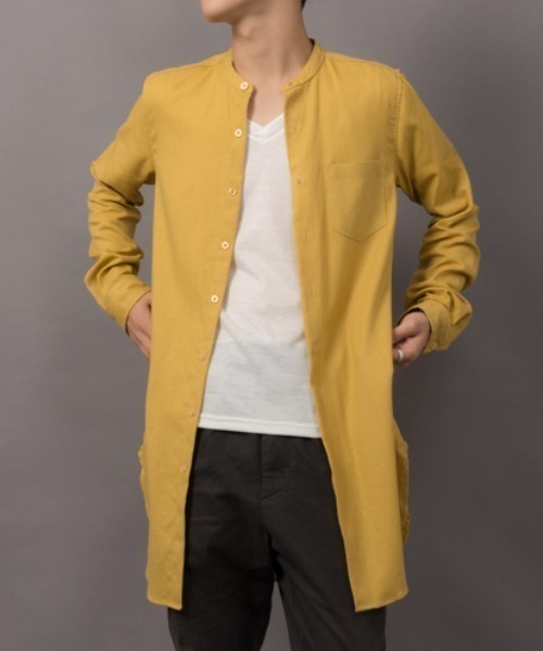 MGV(エムジーヴィー)の「ロング丈綿麻バンドカラーシャツ(シャツ/ブラウス・メンズ・ベージュ/ネイビー/カーキ/マスタード/ワイン/グレー/ブラック/オフホワイト・MEDIUM/LARGE/SMALL)」の7枚目の写真