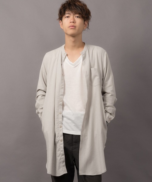 MGV(エムジーヴィー)の「ロング丈綿麻バンドカラーシャツ(シャツ/ブラウス・メンズ・ベージュ/ネイビー/カーキ/マスタード/ワイン/グレー/ブラック/オフホワイト・MEDIUM/LARGE/SMALL)」の9枚目の写真
