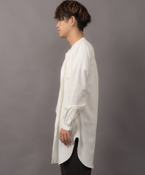 MGV(エムジーヴィー)の「ロング丈綿麻バンドカラーシャツ(シャツ/ブラウス・メンズ・ベージュ/ネイビー/カーキ/マスタード/ワイン/グレー/ブラック/オフホワイト・MEDIUM/LARGE/SMALL)」の10枚目の写真
