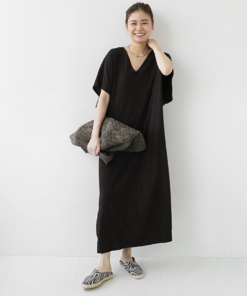 CAL．Berries（カルベリーズ）の「《追加》別注【CAL.Berries 】*Relume TRIBLEND V/N OP：ワンピース（ワンピース・レディース・ブラック/ライトグレー/カーキ・FREE）」の2枚目の写真