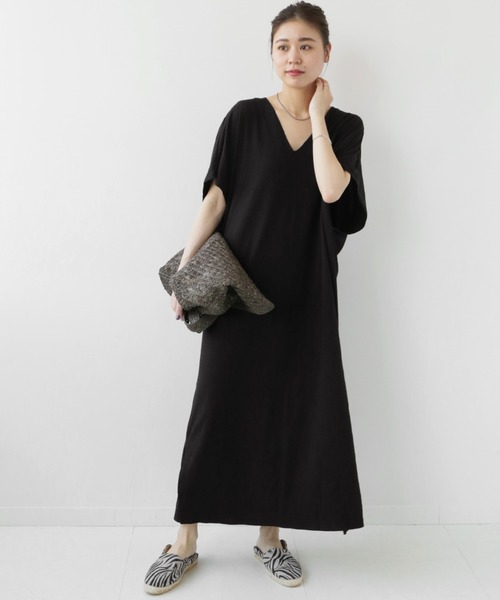 CAL．Berries（カルベリーズ）の「《追加》別注【CAL.Berries 】*Relume TRIBLEND V/N OP：ワンピース（ワンピース・レディース・ブラック/ライトグレー/カーキ・FREE）」の4枚目の写真