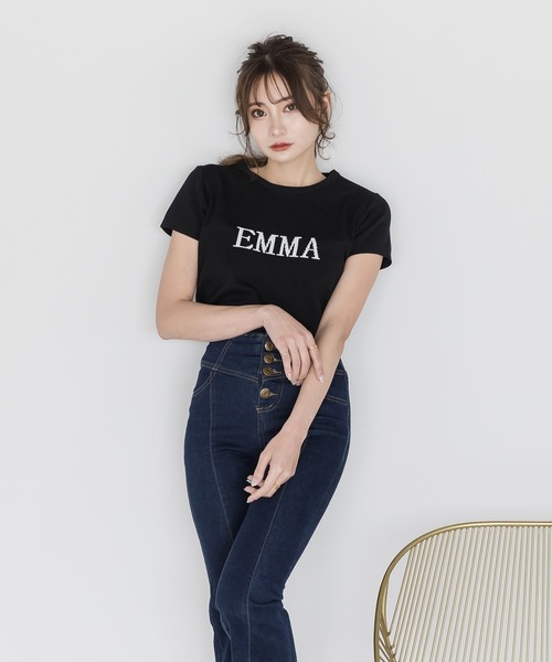 Julia Boutique（ジュリアブティック）の「EMMAロゴ半袖ニットトップス/22108（Tシャツ/カットソー・レディース・ブラック・ONE）」の4枚目の写真