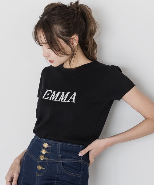 Julia Boutique（ジュリアブティック）の「EMMAロゴ半袖ニットトップス/22108（Tシャツ/カットソー・レディース・ブラック・ONE）」の5枚目の写真