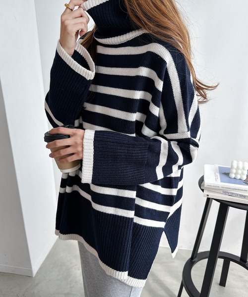 タートルネック長袖ボーダーニットトップス