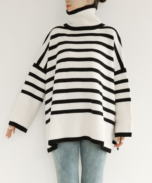 タートルネック長袖ボーダーニットトップス