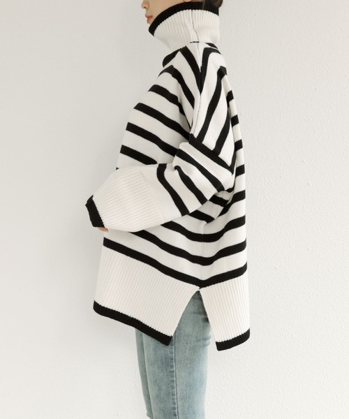 タートルネック長袖ボーダーニットトップス