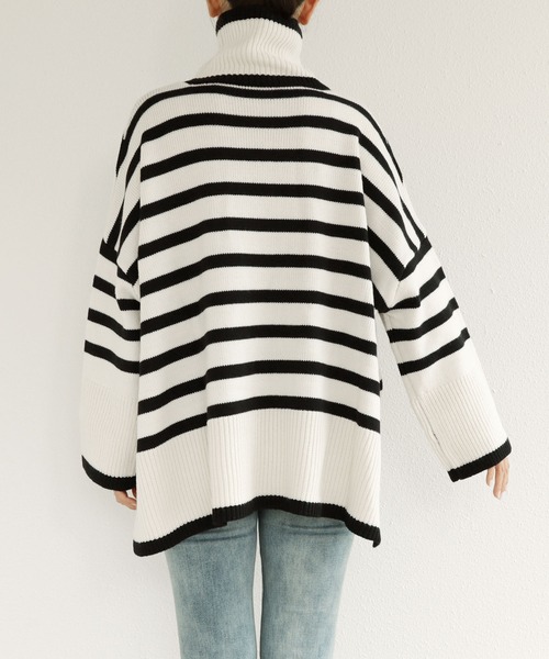タートルネック長袖ボーダーニットトップス
