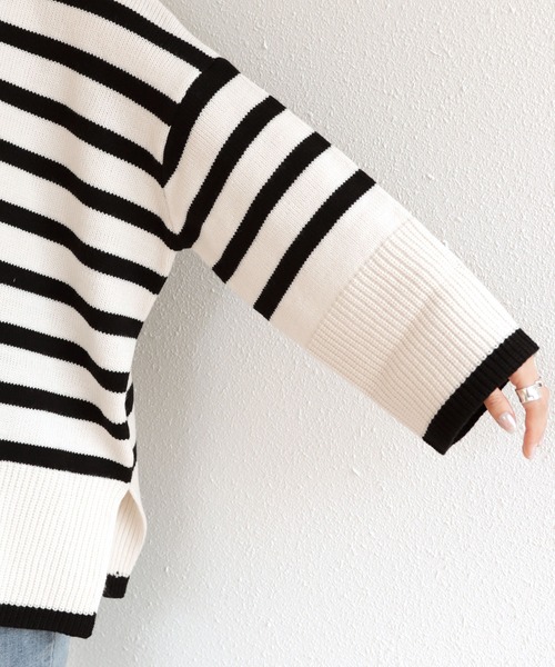 タートルネック長袖ボーダーニットトップス