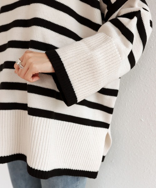 タートルネック長袖ボーダーニットトップス