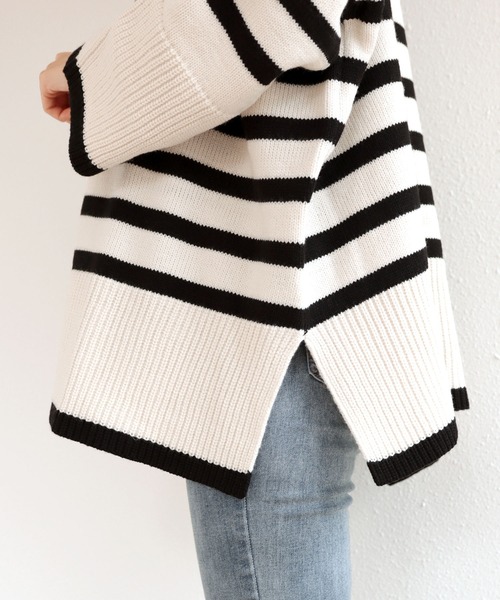 タートルネック長袖ボーダーニットトップス