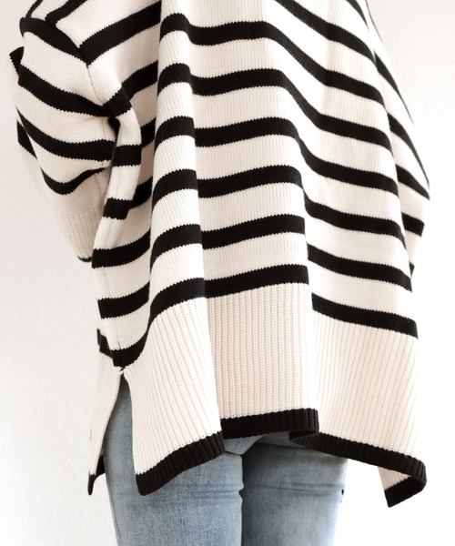 タートルネック長袖ボーダーニットトップス