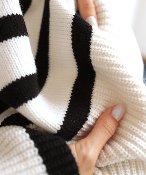 タートルネック長袖ボーダーニットトップス