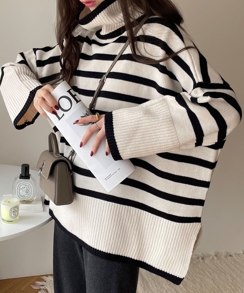セール】タートルネック長袖ボーダーニットトップス（ニット/セーター