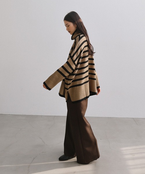 セール】タートルネック長袖ボーダーニットトップス（ニット/セーター