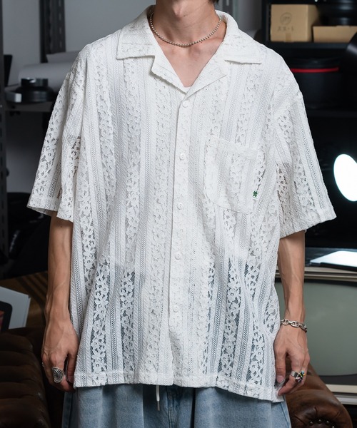 Perushu（ペルーシュ）の「フラワーレースシャツ（シャツ/ブラウス・メンズ・ブラック/グリーン/オフホワイト・LARGE/MEDIUM）」の4枚目の写真