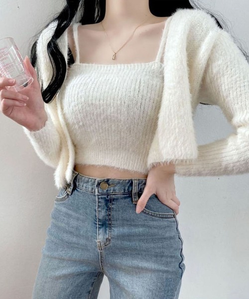Girly Doll(ガーリードール)の「シャギーニットトップス&カーディガン 2枚セット(アンサンブル・レディース・オフホワイト/ブルー/ブラック/ピンク/ライトグレー/モカ/ベージュ・F)」の12枚目の写真