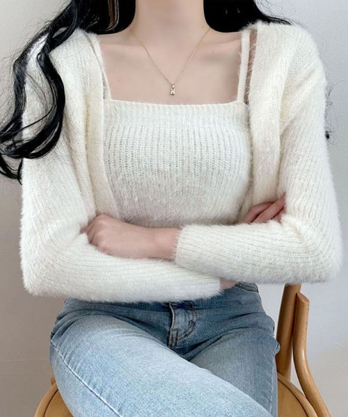 Girly Doll(ガーリードール)の「シャギーニットトップス&カーディガン 2枚セット(アンサンブル・レディース・オフホワイト/ブルー/ブラック/ピンク/ライトグレー/モカ/ベージュ・F)」の15枚目の写真