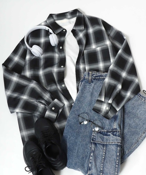 Salong hameu(サロン ハミュー)の「オンブレチェックシャツ メンズ レディース ユニセックス/長袖レギュラーカラーシャツ(シャツ/ブラウス・メンズ・レッド系/ネイビー系/グリーン系/オレンジ系/ブラック系/ブルー系/ブルー系その他/ブラウン/ブラック系その他・M/L/LL)」の20枚目の写真