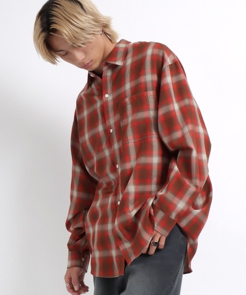 Salong hameu(サロン ハミュー)の「オンブレチェックシャツ メンズ レディース ユニセックス/長袖レギュラーカラーシャツ(シャツ/ブラウス・メンズ・レッド系/ネイビー系/グリーン系/オレンジ系/ブラック系/ブルー系/ブルー系その他/ブラウン/ブラック系その他・M/L/LL)」の10枚目の写真