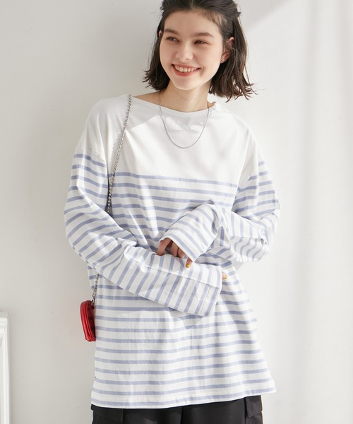 ROPE' PICNIC(ロペピクニック)の「【一部店舗限定】リンクコーデ/パネル切り替えボーダービックTシャツ(Tシャツ/カットソー・レディース・ネイビー/サックスブルー/グリーン/ピンク系その他2・38)」の3枚目の写真