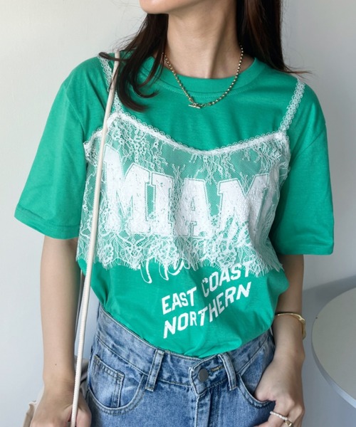 セール】レースキャミレイヤードロックTシャツ（Tシャツ