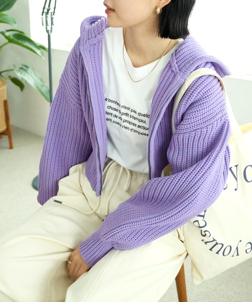 セール】ショート丈スポンディッシュニットパーカー（カーディガン