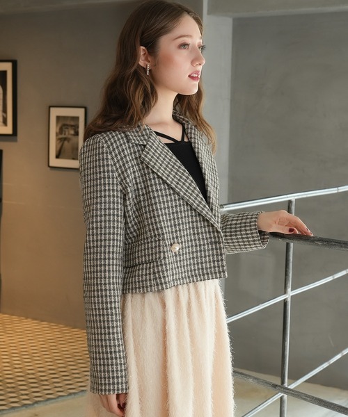 セール】チェック柄ショートジャケット（テーラードジャケット