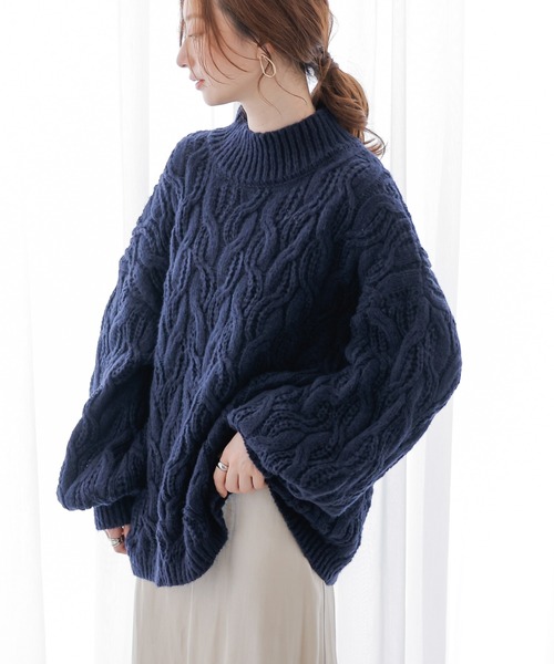 frames RAY CASSIN(フレームスレイカズン)の「ケーブルボリュームスリーブニット(ニット/セーター・レディース・グレイッシュベージュ/オレンジ/キナリ/ネイビー・FREE)」の3枚目の写真