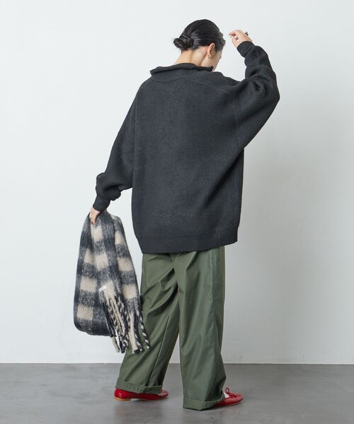 【PGG】新品　サイズ1 ポリエステルヤーン 半袖ハーフジップニット LILL セーター ニット ルーズシルエットバルーン袖ハーフジップ