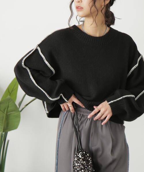 FREE'S MART（フリーズマート）の「◇杢ストレッチ総針配色ステッチニット（ニット/セーター・レディース・ベージュ/パープル/ブラック/ホワイト/グリーン・FREE）」の3枚目の写真