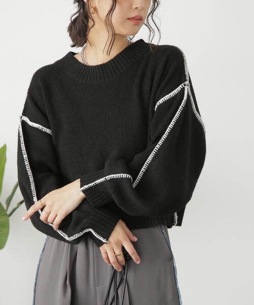 FREE'S MART（フリーズマート）の「◇杢ストレッチ総針配色ステッチニット（ニット/セーター・レディース・ベージュ/パープル/ブラック/ホワイト/グリーン・FREE）」の7枚目の写真