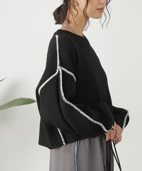 FREE'S MART（フリーズマート）の「◇杢ストレッチ総針配色ステッチニット（ニット/セーター・レディース・ベージュ/パープル/ブラック/ホワイト/グリーン・FREE）」の8枚目の写真