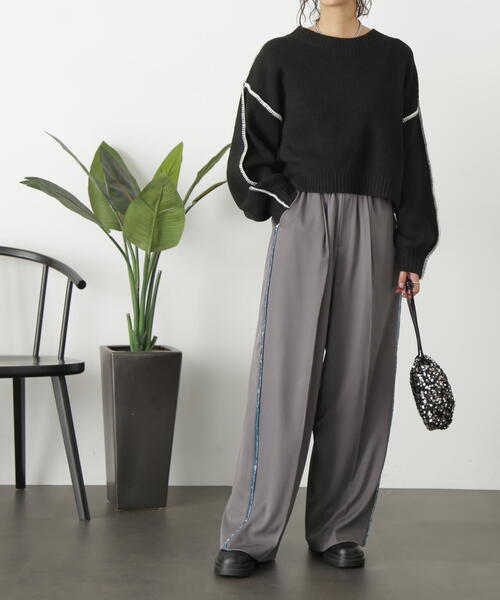 FREE'S MART（フリーズマート）の「◇杢ストレッチ総針配色ステッチニット（ニット/セーター・レディース・ベージュ/パープル/ブラック/ホワイト/グリーン・FREE）」の9枚目の写真