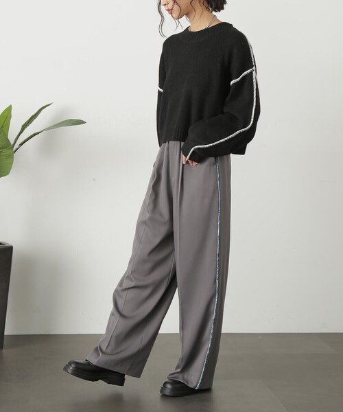 FREE'S MART（フリーズマート）の「◇杢ストレッチ総針配色ステッチニット（ニット/セーター・レディース・ベージュ/パープル/ブラック/ホワイト/グリーン・FREE）」の10枚目の写真