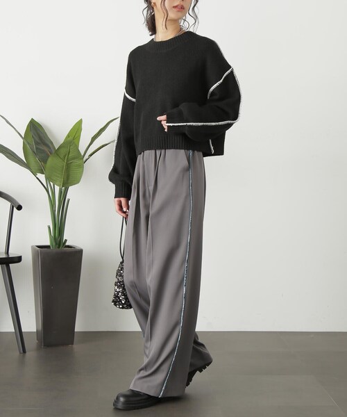 FREE'S MART（フリーズマート）の「◇杢ストレッチ総針配色ステッチニット（ニット/セーター・レディース・ベージュ/パープル/ブラック/ホワイト/グリーン・FREE）」の11枚目の写真