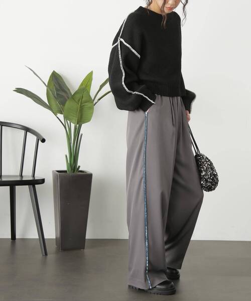 FREE'S MART（フリーズマート）の「◇杢ストレッチ総針配色ステッチニット（ニット/セーター・レディース・ベージュ/パープル/ブラック/ホワイト/グリーン・FREE）」の12枚目の写真