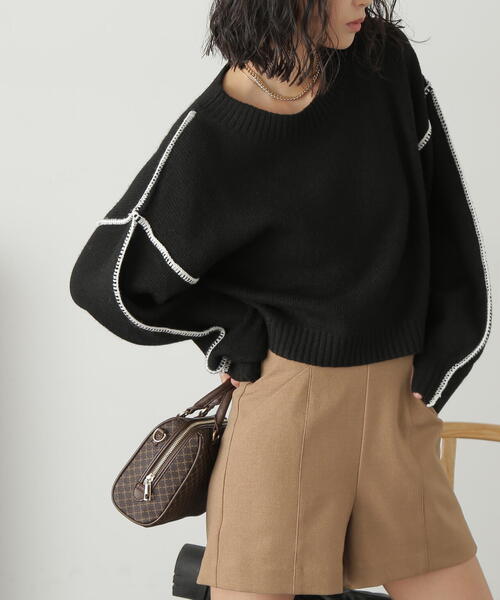 FREE'S MART（フリーズマート）の「◇杢ストレッチ総針配色ステッチニット（ニット/セーター・レディース・ベージュ/パープル/ブラック/ホワイト/グリーン・FREE）」の14枚目の写真