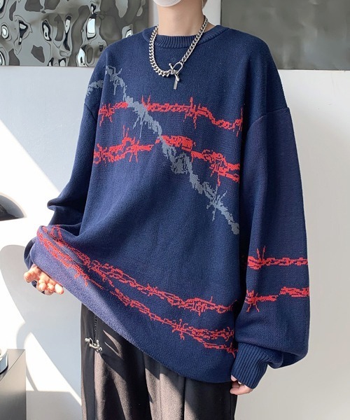 セール】【FVLMEN】jacquard barbed wire pattern crew knit