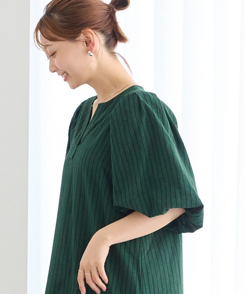 LAVEANGE(ラビアンジェ)の「ストライプ ボリュームスリーブワンピース(ワンピース・レディース・ベージュ/ブラウン・5L/3L/LL/4L/M)」の10枚目の写真