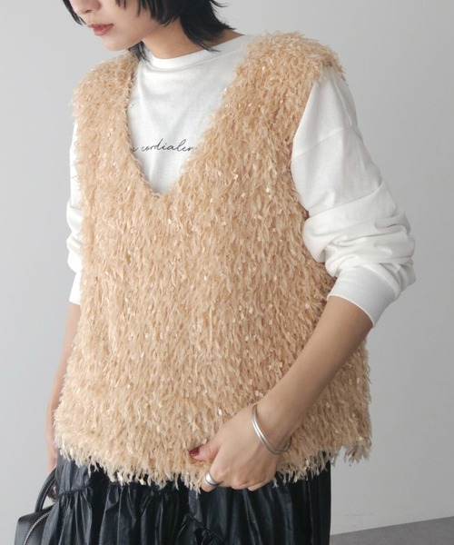 Sugar spoon（シュガースプーン）の「・SUGAR　SPOON　フェザーヤーンベスト（ベスト・レディース・ベージュ/アイボリー/ブラック・FREE）」の2枚目の写真