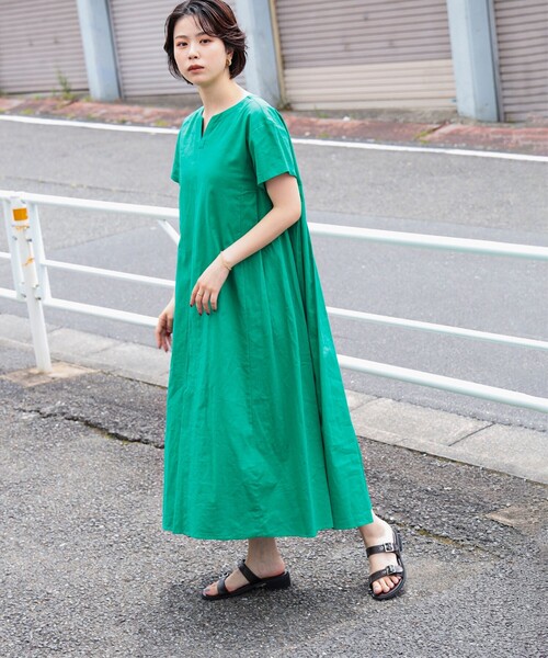 タグ付　Ray BEAMS 麻混 バックタック キーネック ワンピース Aライン Ray BEAMS（レイビームス）の「Ray BEAMS / 麻混 バックタック