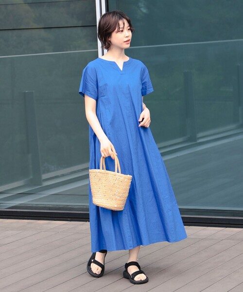 タグ付　Ray BEAMS 麻混 バックタック キーネック ワンピース Aライン Ray BEAMS（レイビームス）の「Ray BEAMS / 麻混 バックタック