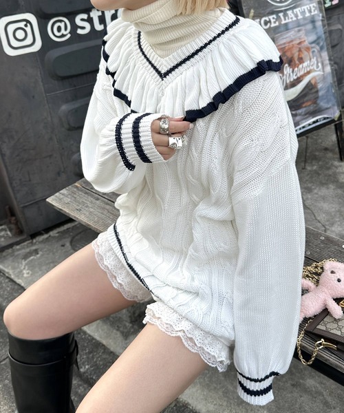 Alley by w closet（アリーバイダブルクローゼット）の「【Alley】フリフリケーブルプルオーバー（ニット/セーター・レディース・オフホワイト/サックスブルー・FREE）」の4枚目の写真